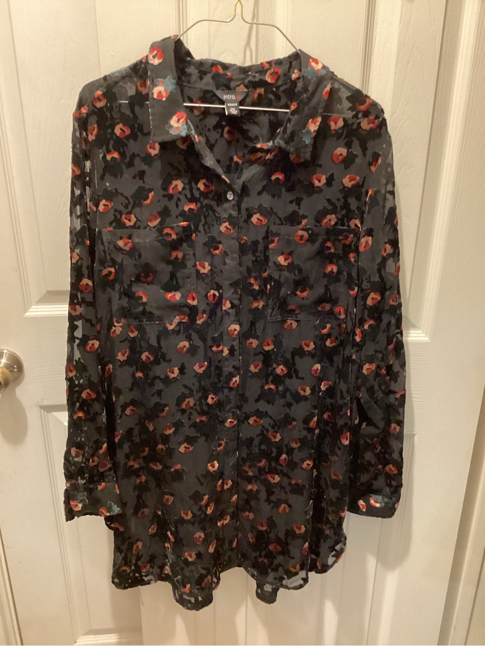 intro. Black Blouse with Red Floral Accents
